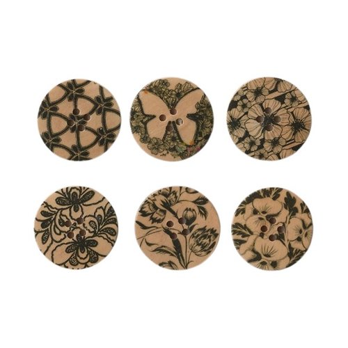 6 boutons rond en bois fantaisies assorties couture scrapbooking 30 mm fleur papillon noir