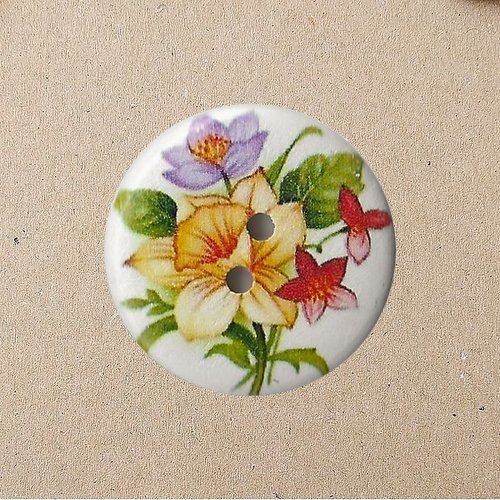4 boutons rond en bois peint scrapbooking 3 cm bouquet de fleurs
