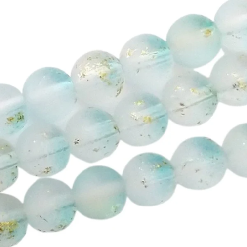 Fil de perles de verre givré avec feuille d'or 6 / 8 mm bleu clair