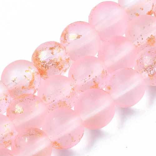 Fil de perles de verre givré avec feuille d'or 6 / 8 mm rose
