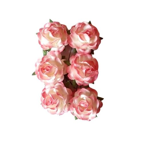 Assortiment de 6 roses + tige en papier de murier décoration scrapbooking rose fonce blanc 454