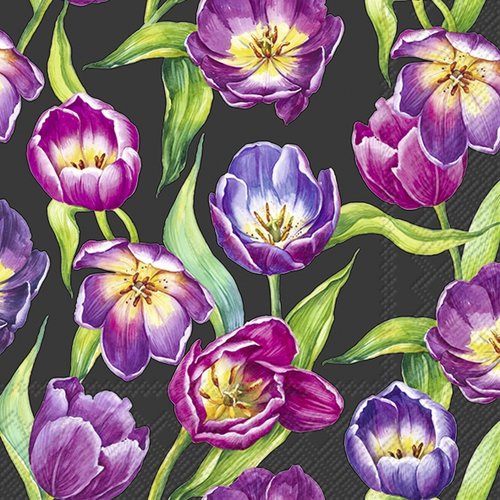 2 serviettes en papier 33 x 33 cm découpage collage fleur tulipe fond noir fl 511
