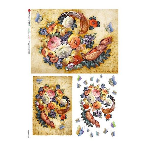 1 feuille de papier de riz 22,5 x 32 cm découpage collage paper designs fleurs oiseau 0348