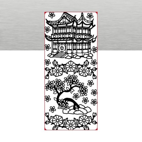 1 planche de stickers autocollants peel off argenté motifs japon temple fleur 6205