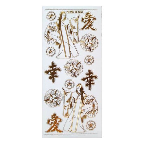 1 planche de stickers autocollants transparents embossage relief doré motifs japon geisha fleur 6221