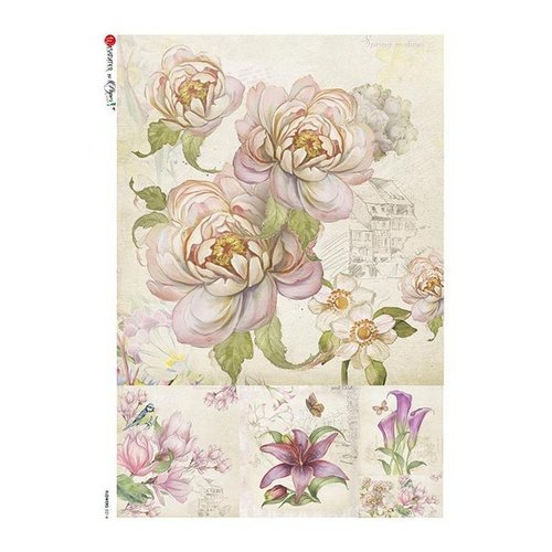 1 feuille de papier de riz 22,5 x 32 cm découpage collage paper designs fleur rose oiseau papillon 0214