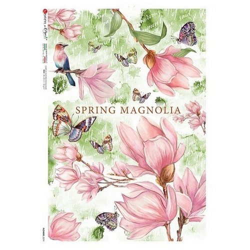 1 feuille de papier de riz 22,5 x 32 cm découpage collage paper designs fleur magnolia oiseau papillon 0374