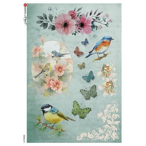 1 feuille de papier de riz 22,5 x 32 cm découpage collage paper designs oiseau papillon fleur vintage 0091