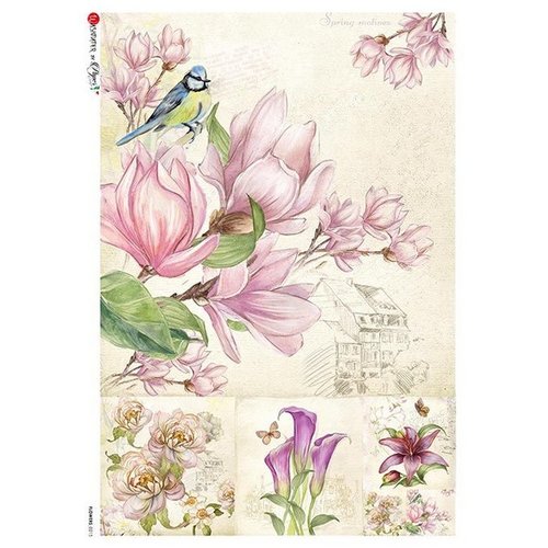 1 feuille de papier de riz 22,5 x 32 cm découpage collage paper designs fleur rose oiseau 0215