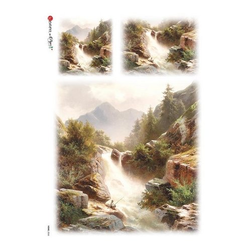 1 feuille de papier de riz 22,5 x 32 cm découpage collage paper designs payage montagne torrent 0068