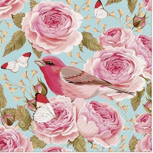 2 serviettes en papier 33 x 33 cm découpage collage oiseau fleur rose