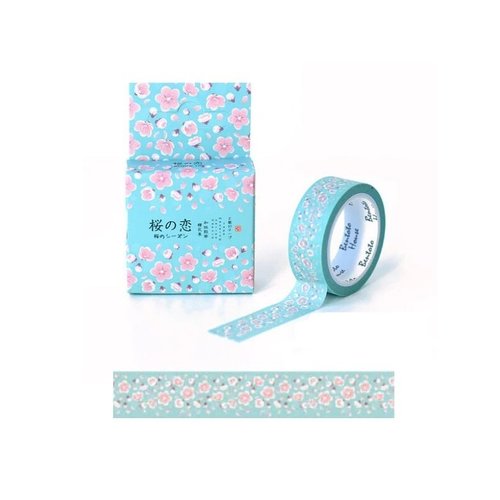 Washi tape ruban adhésif scrapbooking 1,5 x 6,5 m fleur rose fond bleu