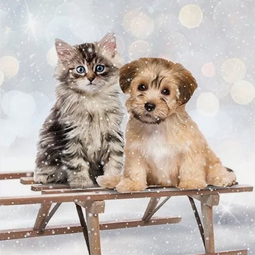 2 serviettes en papier 33 x 33 cm découpage collage chiot chaton noel neige luge 109