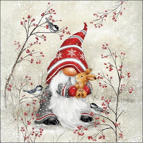 2 serviettes en papier 33 x 33 cm découpage collage gnome lapin oiseau noel 308