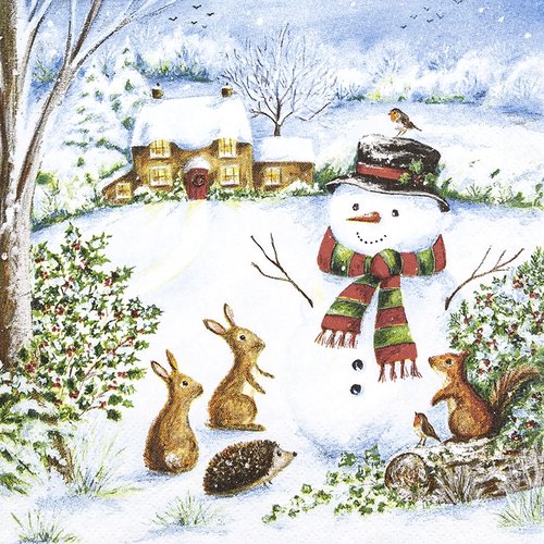 2 serviettes en papier 33 x 33 cm découpage collage bohomme de neige oiseau sapin neige noel 313