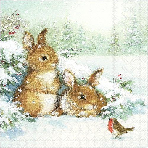 2 serviettes en papier 33 x 33 cm découpage collage oiseau lapin neige noel 306
