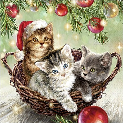 2 serviettes en papier 33 x 33 cm découpage collage paniiere chat noel 300