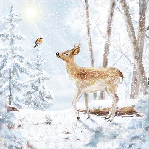 2 serviettes en papier 33 x 33 cm découpage collage biche oiseau neige nature noel 301