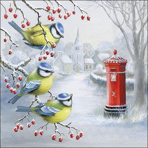 2 serviettes en papier 33 x 33 cm découpage collage oiseau nature neige noel 102