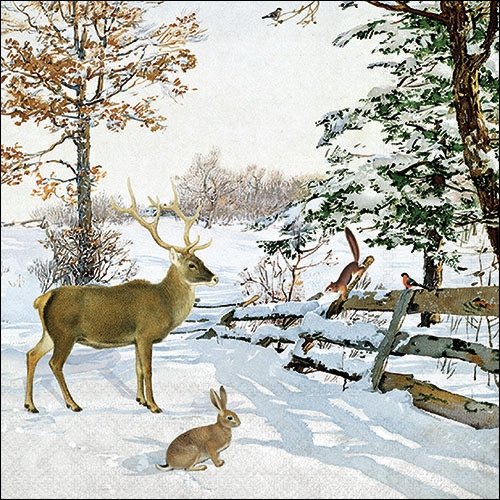 2 serviettes en papier 33 x 33 cm découpage collage chevreuil lapin oiseau ecureuil noel 207