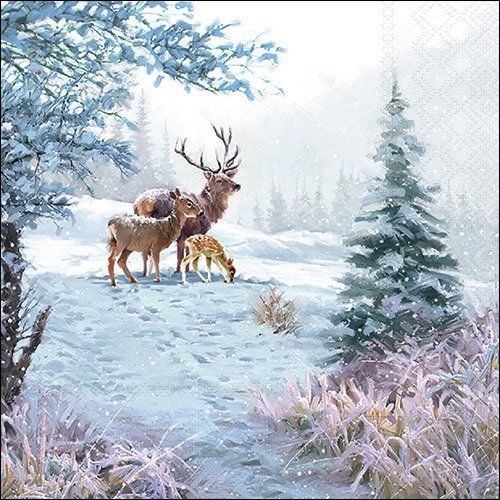 2 serviettes en papier 33 x 33 cm découpage collage famille de daims hiver sapin noel 107