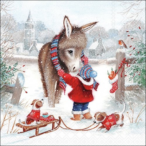 2 serviettes en papier 33 x 33 cm découpage collage anne enfant chien noel 111