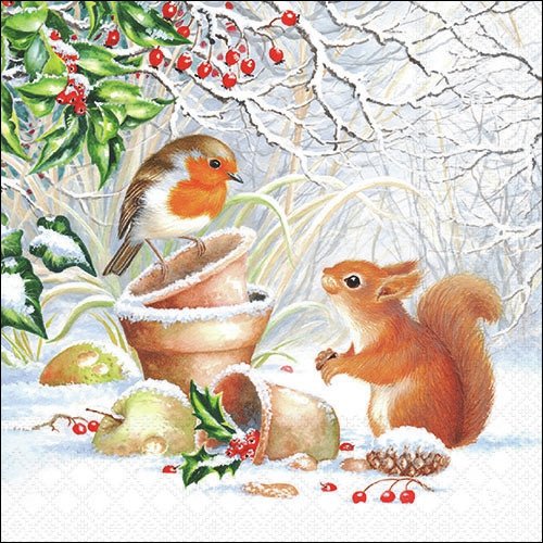 2 serviettes en papier 33 x 33 cm découpage collage oiseau ecureuil hiver 100