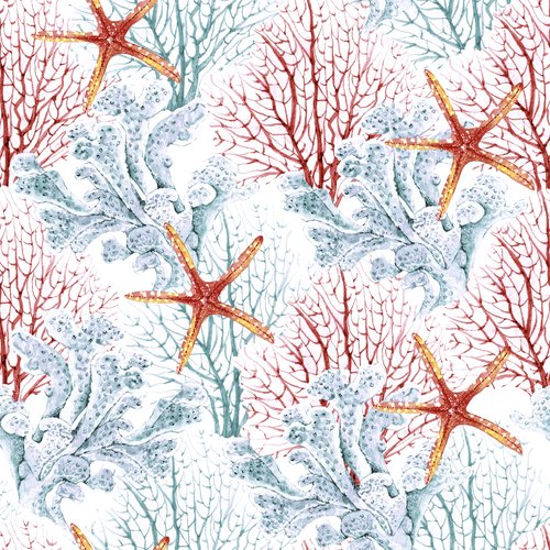 2 serviettes en papier 33 x 33 cm découpage collage fond marin etoile de mer corail 104