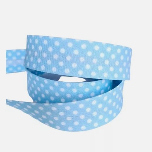 2 m de biais fantaisie 1.8 cm polyester coton pois blanc fond bleu clair