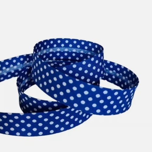 2 m de biais fantaisie 1.8 cm polyester coton pois blanc fond bleu fonce