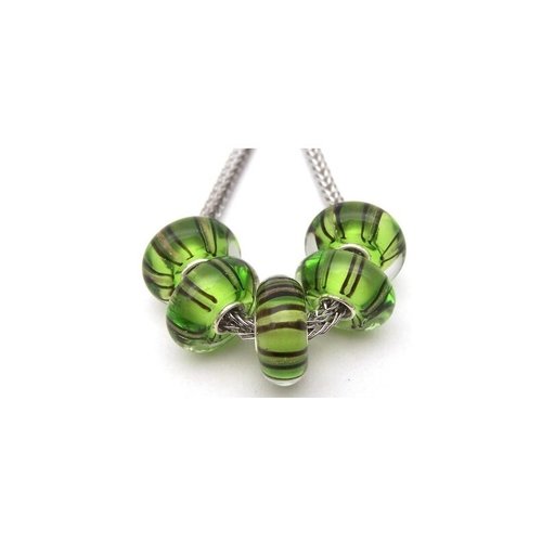 1 perle européenne verre de murano 8 x 15 mm argent rayure fond vert 113