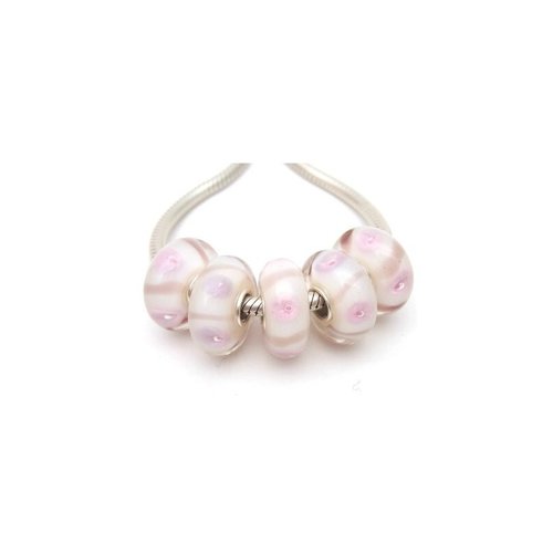 1 perle européenne verre de murano 8 x 15 mm argent fleur rose 110