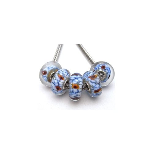 1 perle européenne verre de murano 8 x 15 mm argent chamarre blanc bleu 107