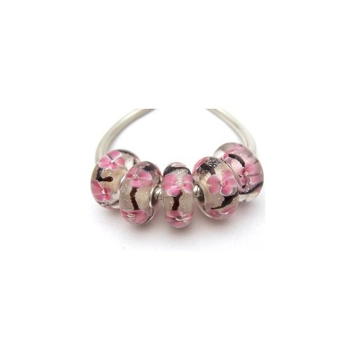 1 perle européenne verre de murano 8 x 15 mm argent fleur rose branche 120