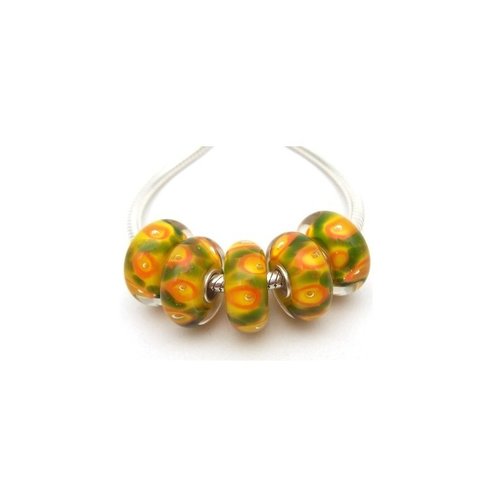 1 perle européenne verre de murano 8 x 15 mm argent orange vert 128