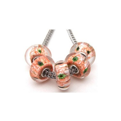 1 perle européenne verre de murano 8 x 15 mm argent chamarre orange vert 126