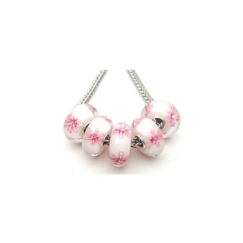 1 perle européenne verre de murano 8 x 15 mm argent fleur rose fond blanc 112