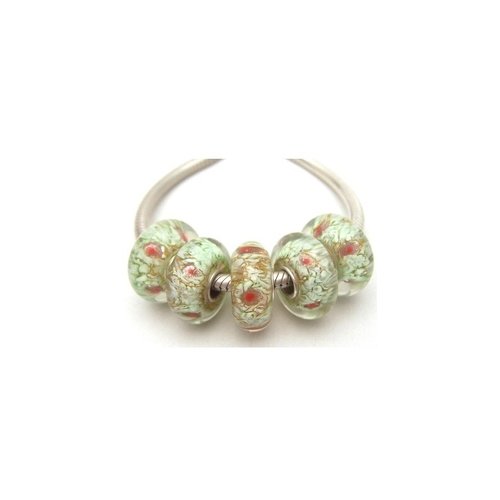1 perle européenne verre de murano 8 x 15 mm argent chamarre blanc vert 103