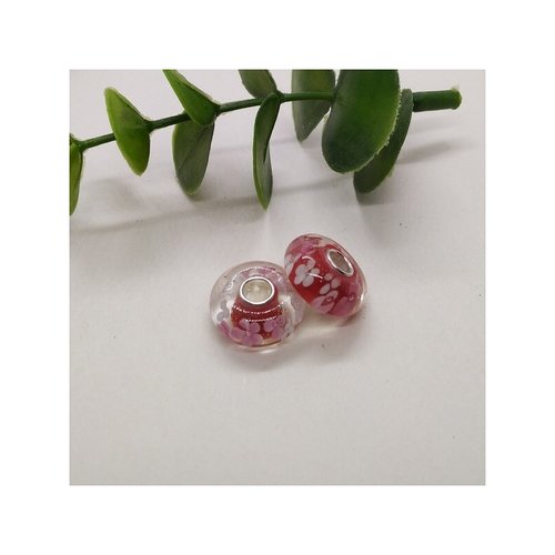 1 perle européenne verre de murano 8 x 15 mm argent fleuri rouge 634