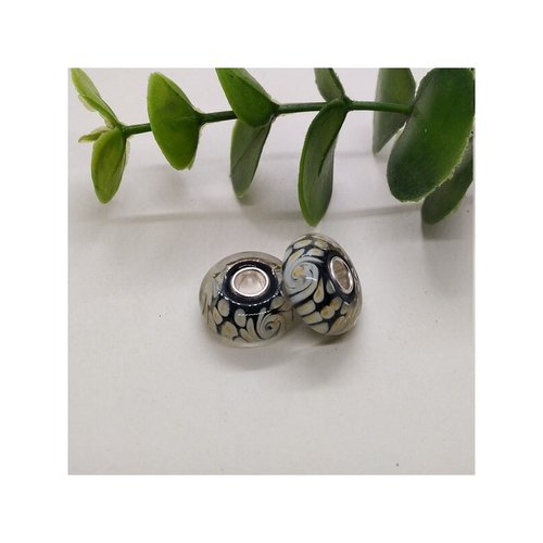 1 perle européenne verre de murano 8 x 15 mm argent chammare beige noir 630