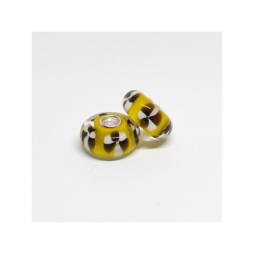 1 perle européenne verre de murano 8 x 15 mm argent marron blanc jaune 203