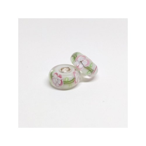 1 perle européenne verre de murano 8 x 15 mm argent fleur rose 207