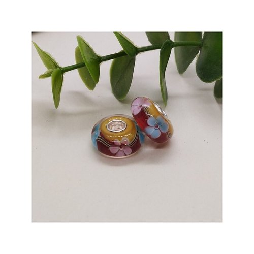 1 perle européenne verre de murano 8 x 15 mm argent fleur multicolore 631