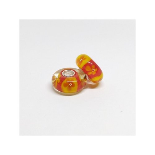 1 perle européenne verre de murano 8 x 15 mm argent rouge orange 204
