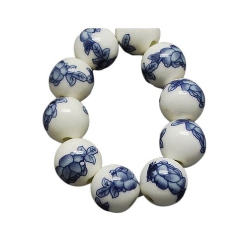 10 perles céramique porcelaine rondes fabrication bijoux 10 mm fleur bleu