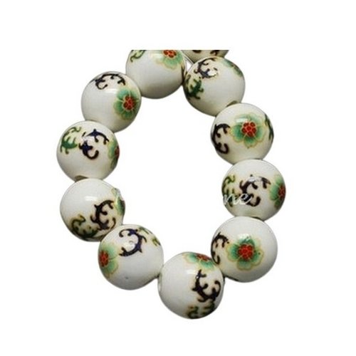 10 perles céramique porcelaine rondes fabrication bijoux 10 mm fleuri vert