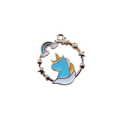 2 breloques pendentifs charms médailles doré émail licorne arc en ciel
