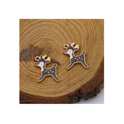 2 breloques pendentifs charms médailles doré émail 21 x 14 mm renne de noel b 40