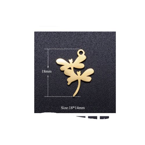 2 petites breloques pendentifs charms doré acier inoxydable 18 x 14 mm libellule