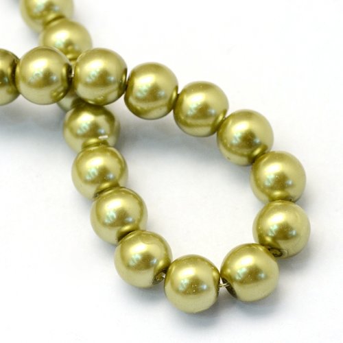 Fil de 138 perles rondes en verre nacré 6 mm fabrication bijoux vert olive